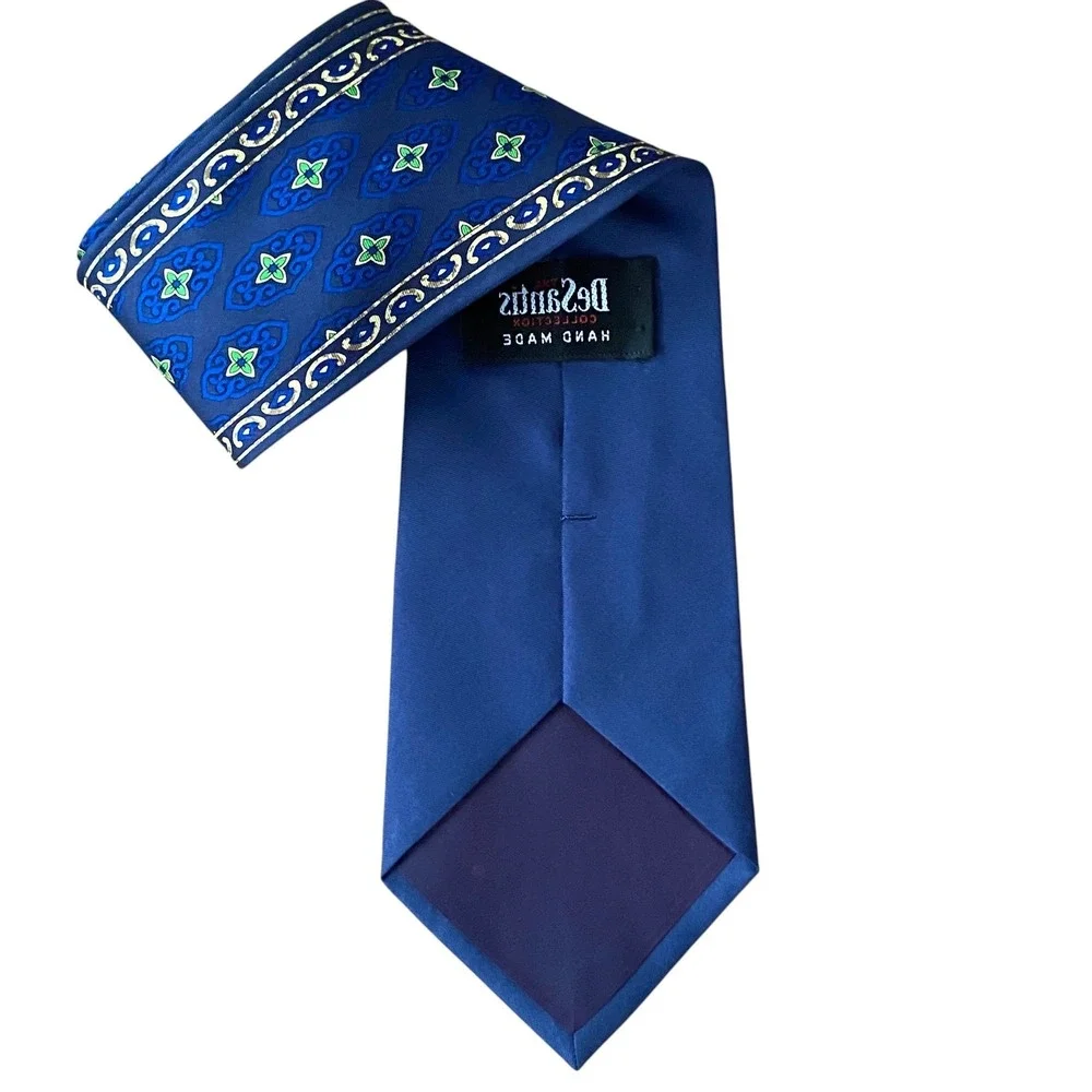DeSantis Collection Mens Silk Tie Navy Blue Gold Baroque Geometric Made in Italy